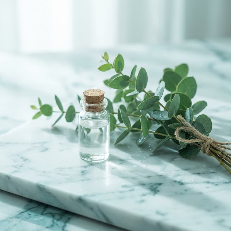 Glass vial beside fresh eucalyptus sprigs on marble
