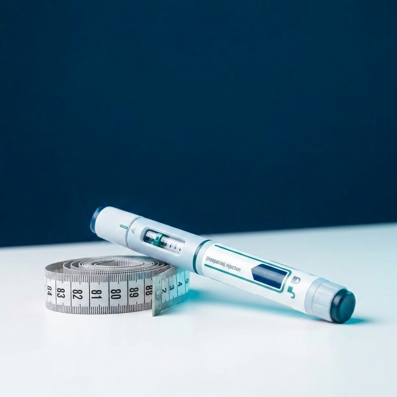 Unbranded GLP-1 injection pen beside a measuring tape